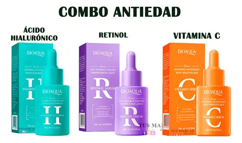 Kit Antiedad BIOAQUA – 3 Serums Vitamina C, Retinol y Ácido Hialurónico