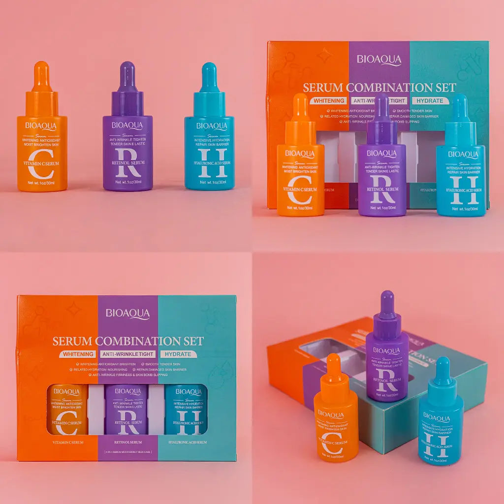 Kit Antiedad BIOAQUA – 3 Serums Vitamina C, Retinol y Ácido Hialurónico