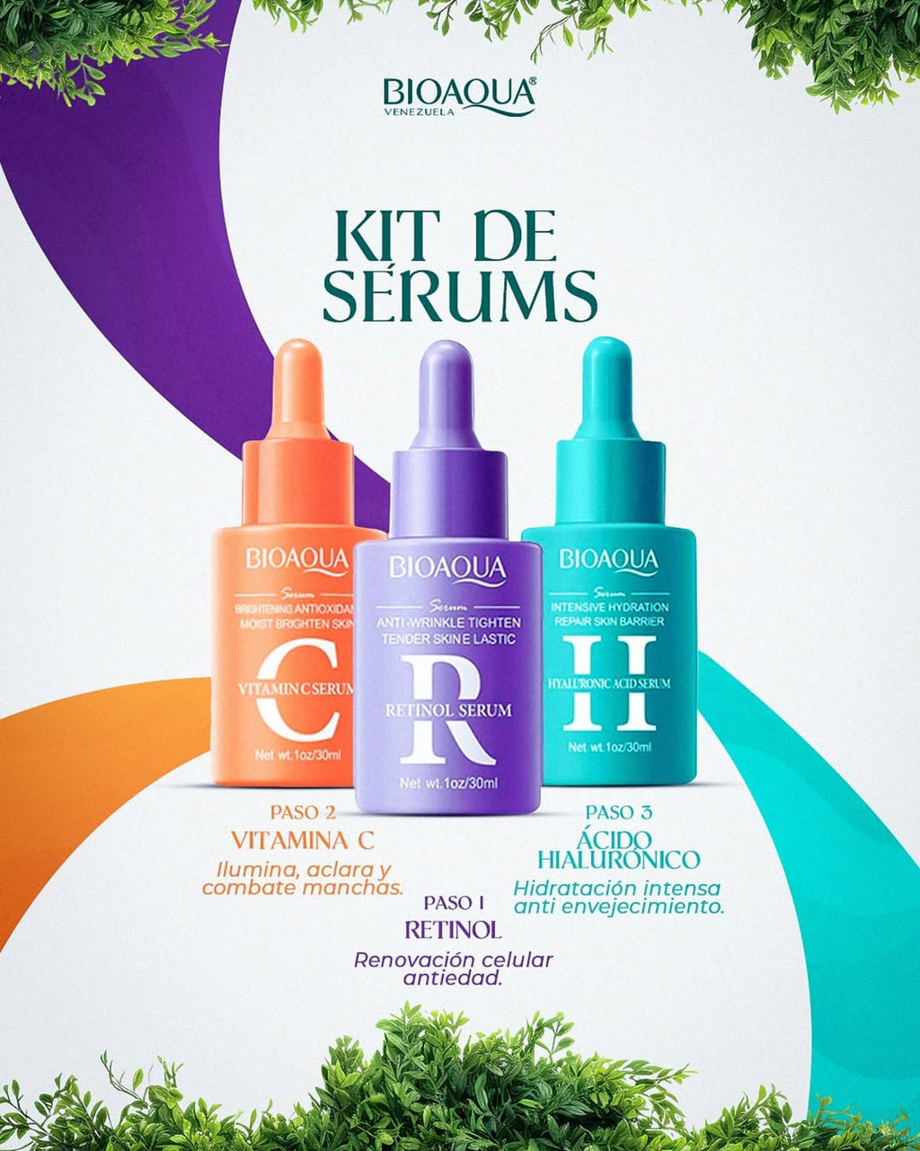 Kit Antiedad BIOAQUA – 3 Serums Vitamina C, Retinol y Ácido Hialurónico