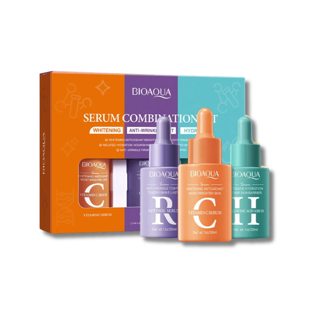 Kit Antiedad BIOAQUA – 3 Serums Vitamina C, Retinol y Ácido Hialurónico