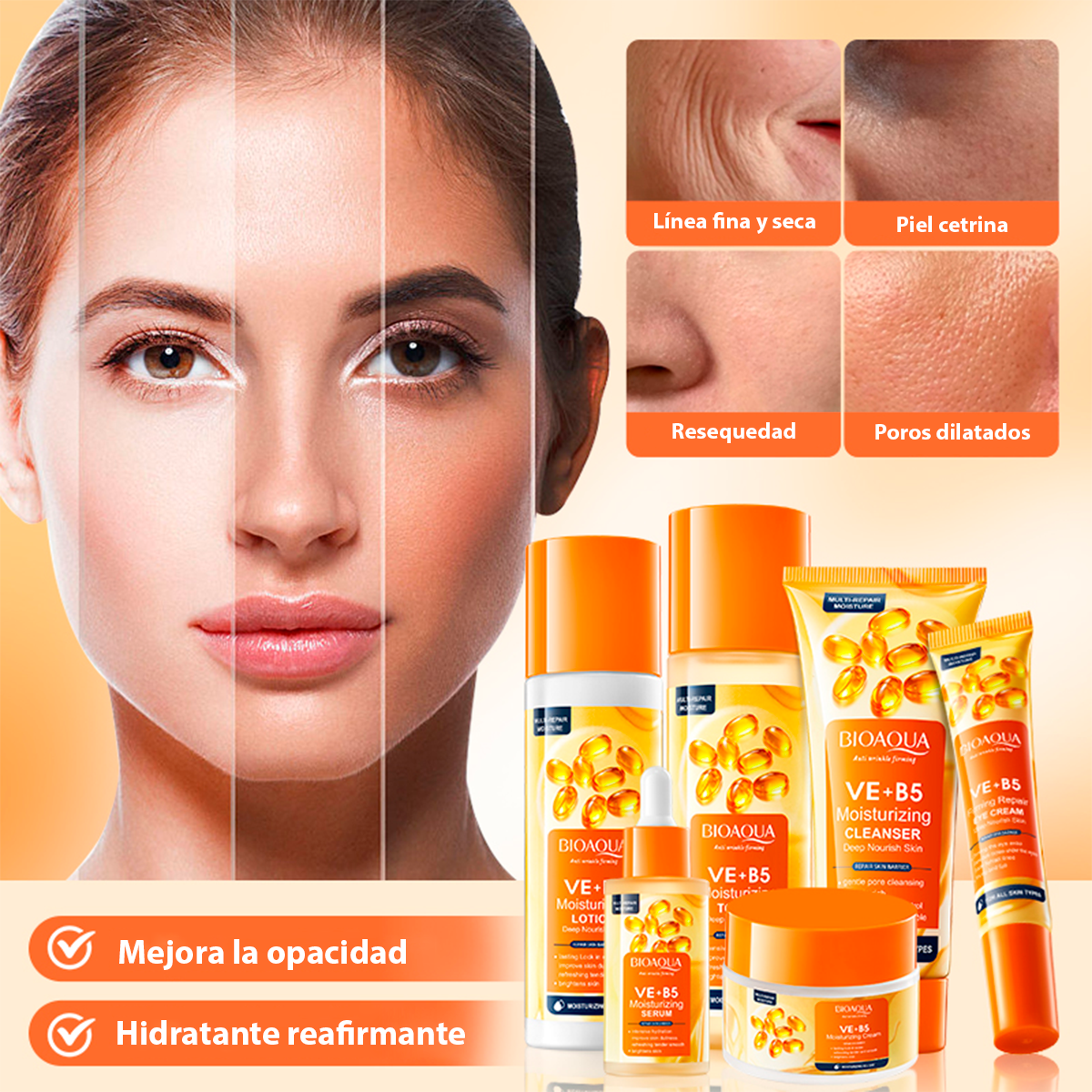 Kit BIOAQUA Vitamina E + B5 – Rutina Completa Hidratante 6 Piezas