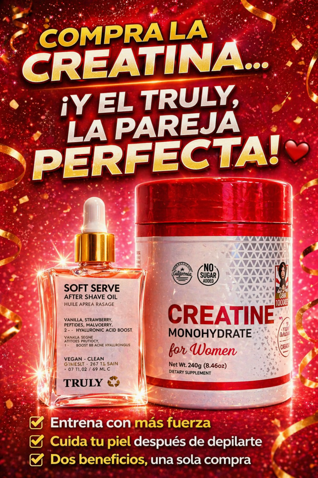 Dúo Vitalidad Total – Creatina for Women + Truly After Shave Oil
