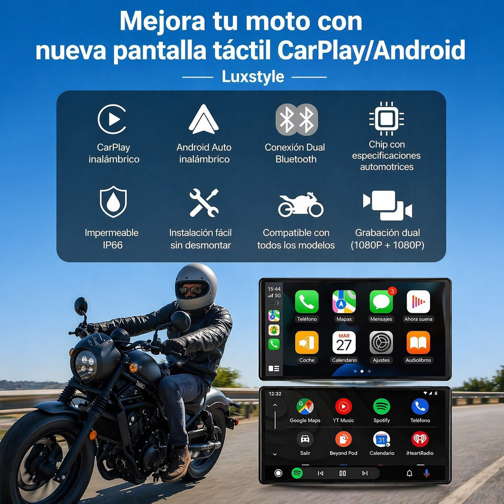 Pantalla con GPS para Moto — CarPlay + Android Auto