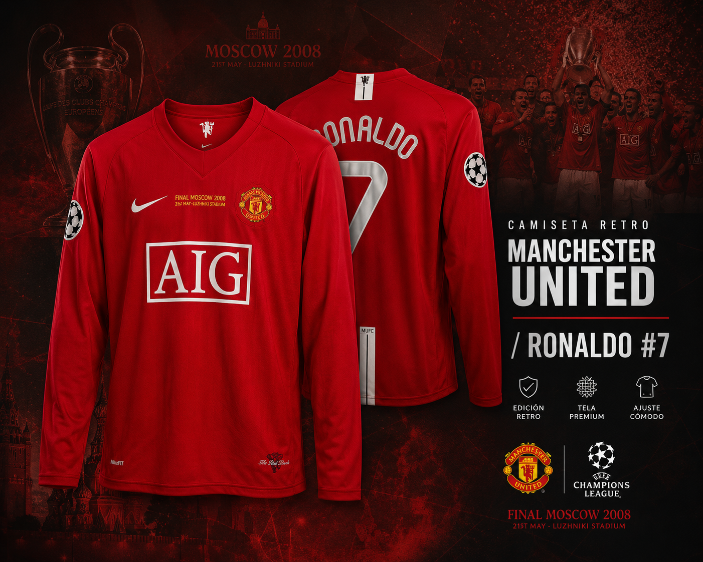 Camiseta Retro Manchester United — Final Champions Moscú 2008 | Ronaldo #7