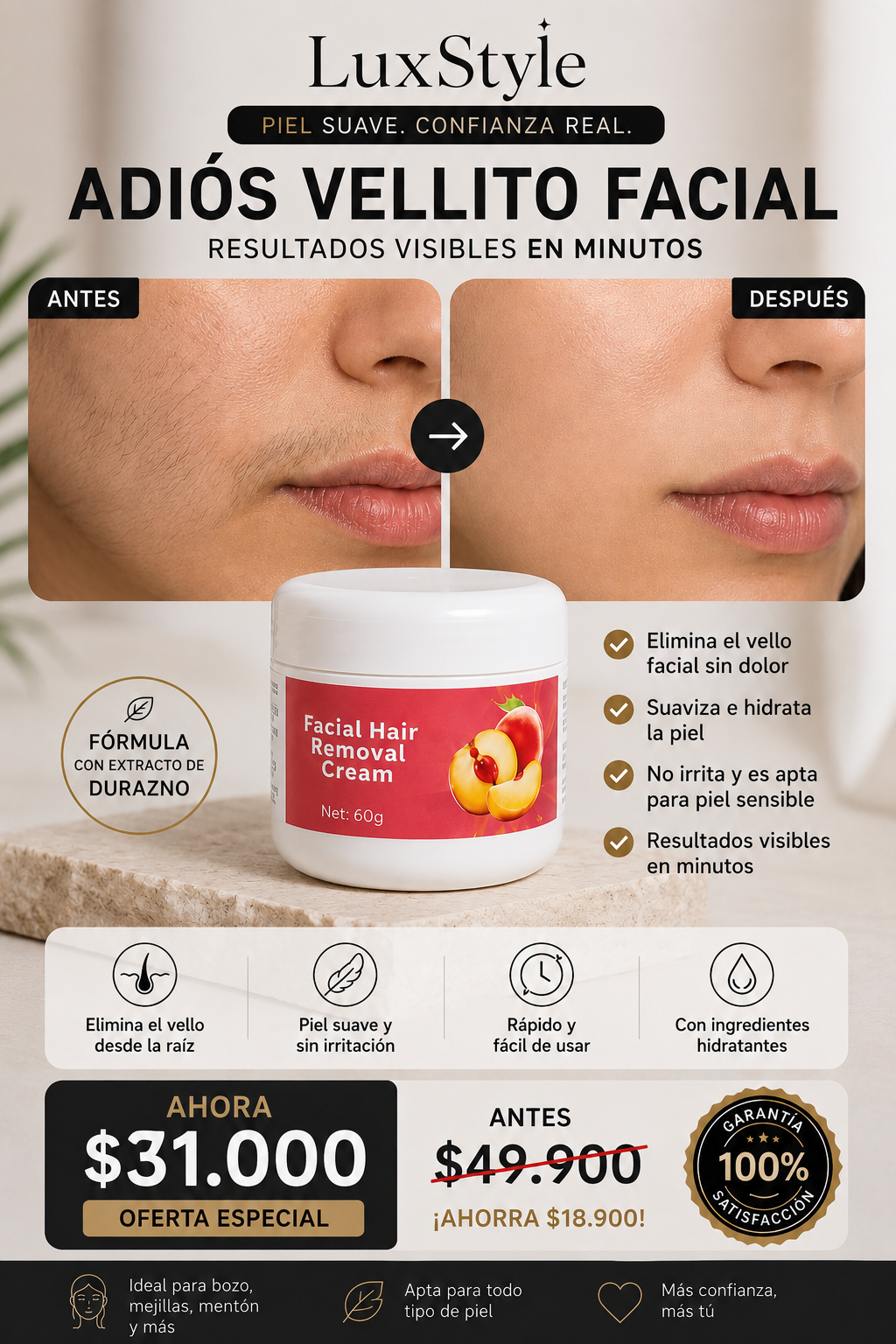 Crema Depilatoria Facial e hidratante