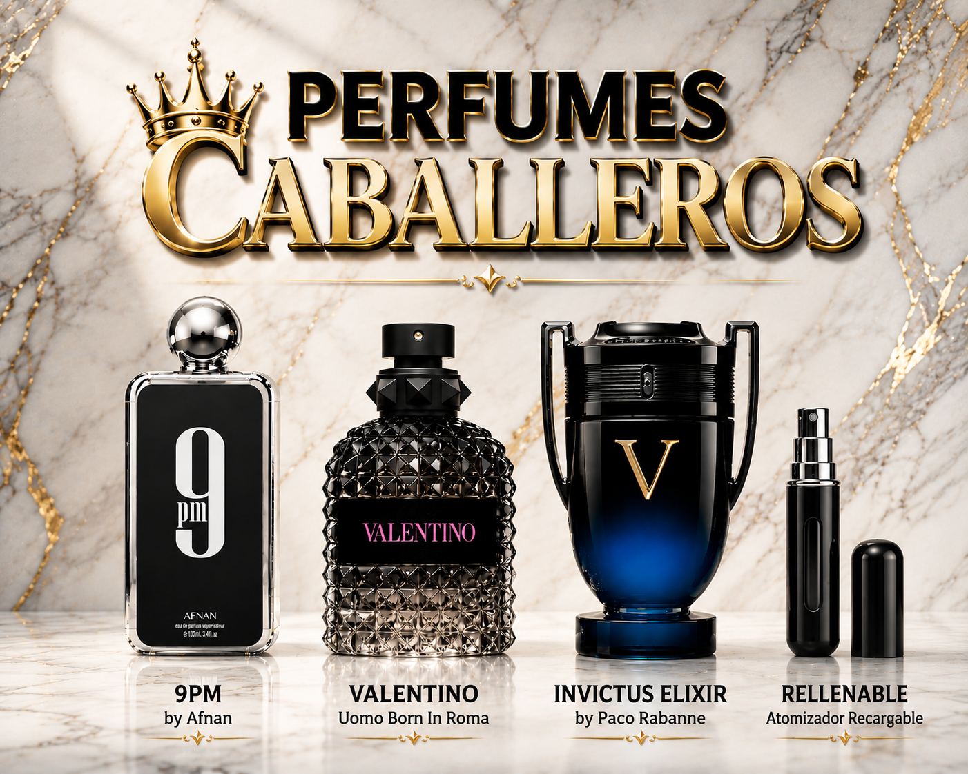 Set x3 Perfumes Caballero – Valentino, Invictus Elixir & 9PM + Perfumero Recargable