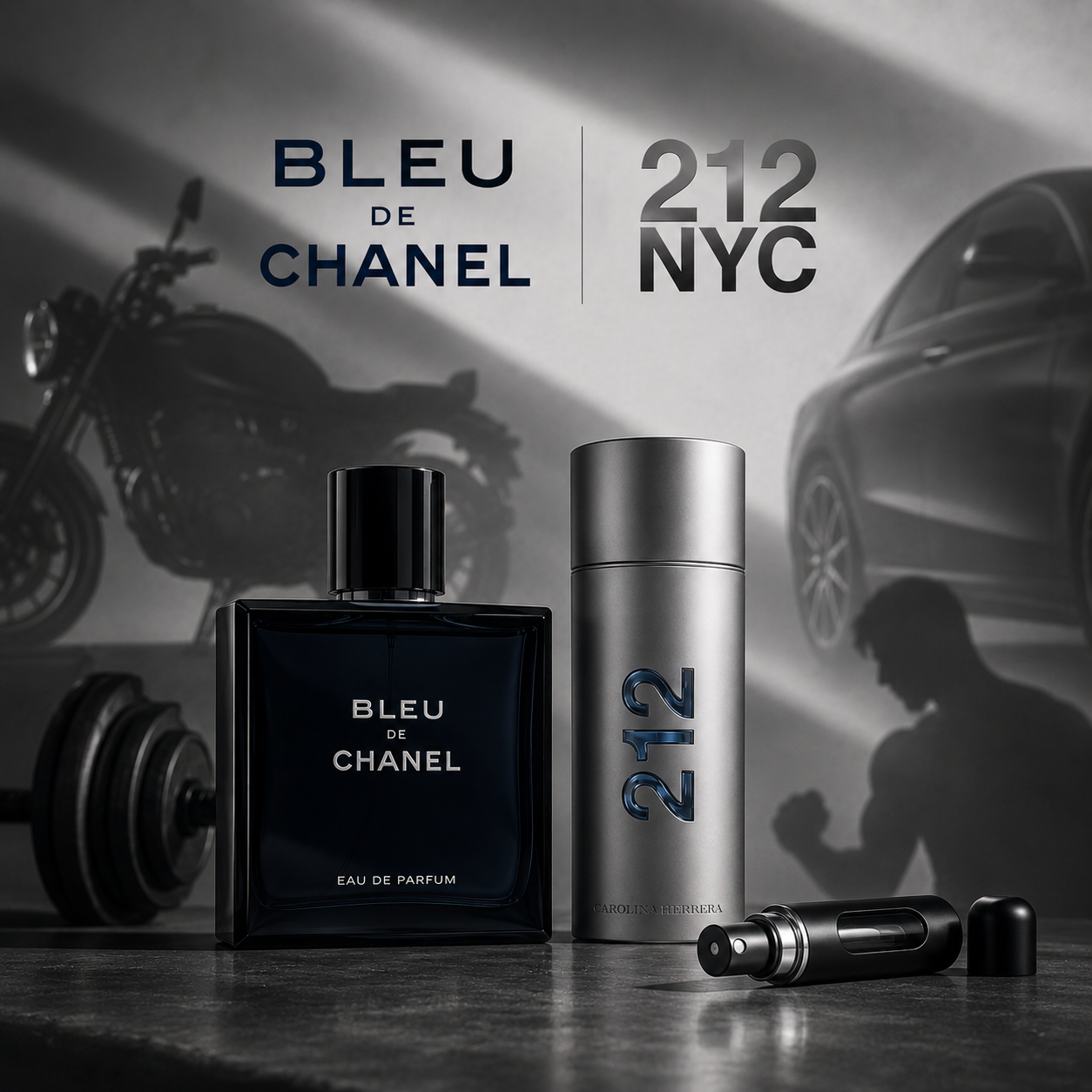 Duo Élite Hombre – Bleu de Chanel & 212 NYC + Perfumero